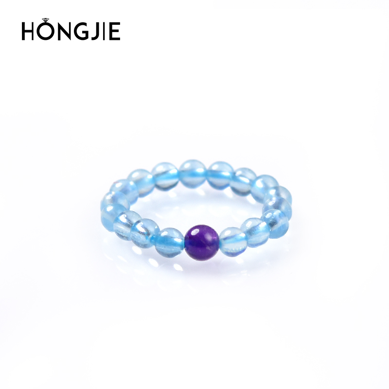 海蓝宝戒指女男东海水晶玛瑙玉髓散珠子南红紫水晶黑曜石蜜蜡指环 - 图3