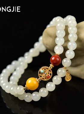 和田玉手串东海水晶玉石南红玛瑙蜜蜡散珠子羊脂玉白玉双圈手链