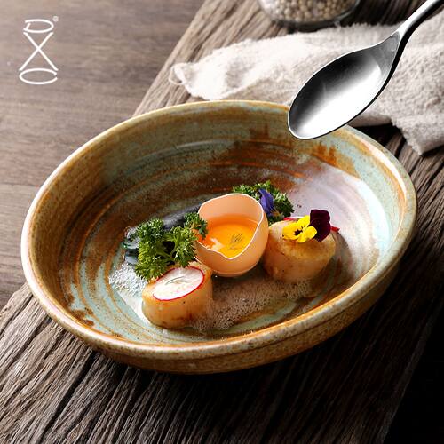 DXC个性盘子复古陶瓷菜盘不规则家用深盘子汤盘创意日式异形盘 - 图0