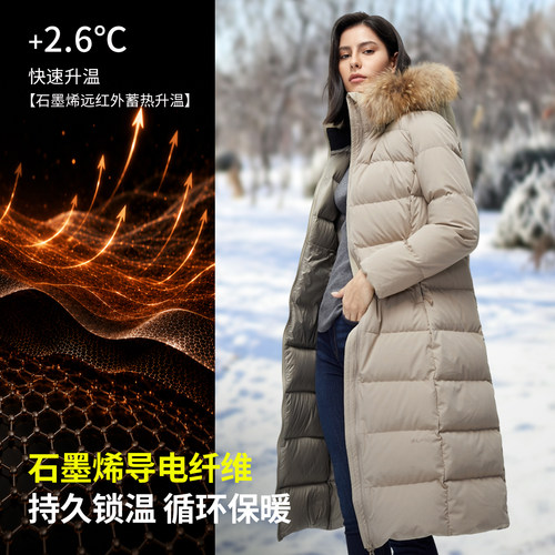君羽800蓬羽绒服女长款过膝时尚毛领冬季加厚保暖鹅绒服大衣 - 图1