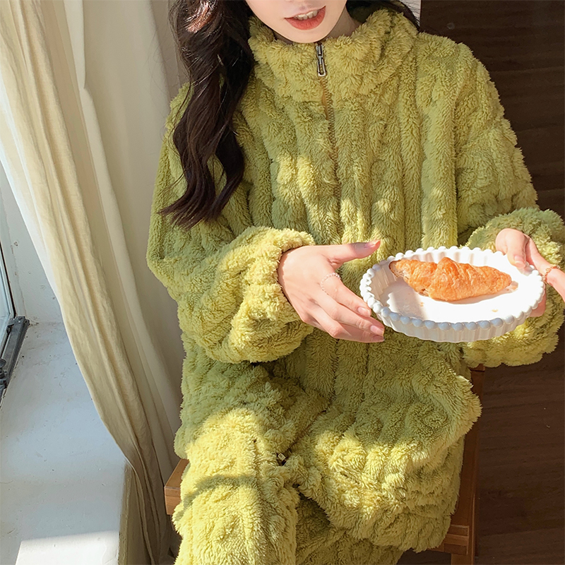 珊瑚绒睡衣女冬款加绒加厚2024年新款带拉链法兰绒秋冬家居服套装 - 图0