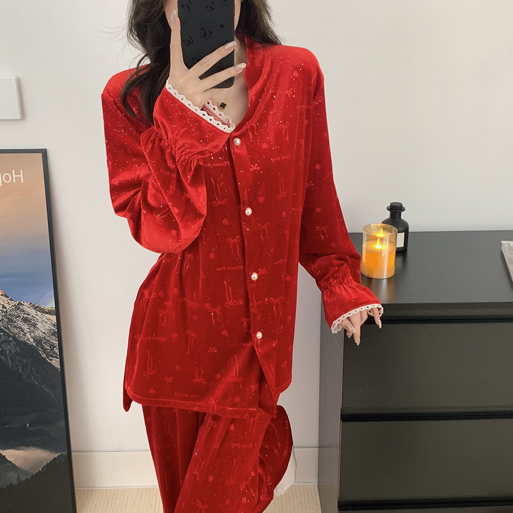 秋冬季睡衣女长袖金丝绒套装气质网红款薄绒保暖家居服春秋款外穿 - 图3