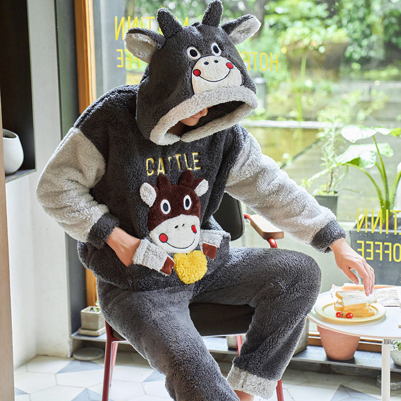 男秋冬季连帽可爱青年珊瑚绒睡衣 仙罗兰服饰睡衣/家居服套装