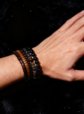 秋冬复古男手工串珠欧美火山石手链叠戴多件套木珠椰壳弹力手串