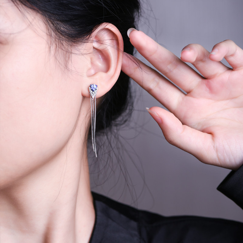 海梵纪珠宝 天然坦桑石耳环耳线 18K白金镶钻石耳饰轻奢气质女,淘宝优惠券,粉丝福利购,淘宝优惠卷