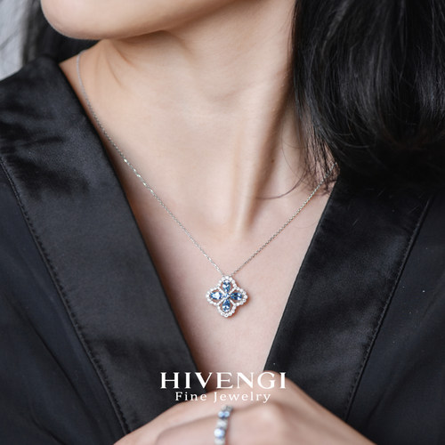 海梵纪珠宝 天然圣玛利亚海蓝宝项链18K白金四叶草钻石吊坠宝石 - 图2