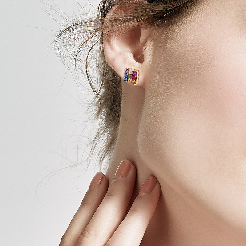 海梵纪珠宝 H设计彩虹微笑渐变彩色宝石天然蓝宝石耳钉18K金,淘宝优惠券,粉丝福利购,淘宝优惠卷