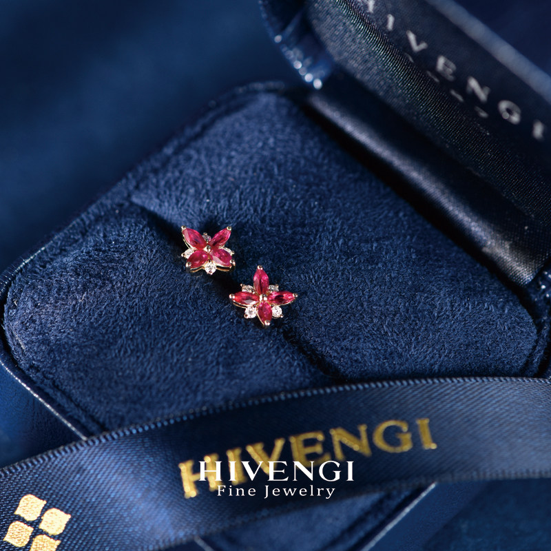 HIVENGI/海梵纪天然红宝石耳钉18K黄金 钻石蓝宝石耳环耳饰男女,淘宝优惠券,粉丝福利购,淘宝优惠卷