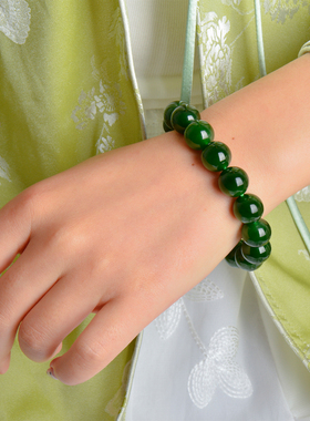 凤飞凰和田碧玉菠菜绿圆珠手链