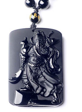 天然黑曜石武财神证书挂件