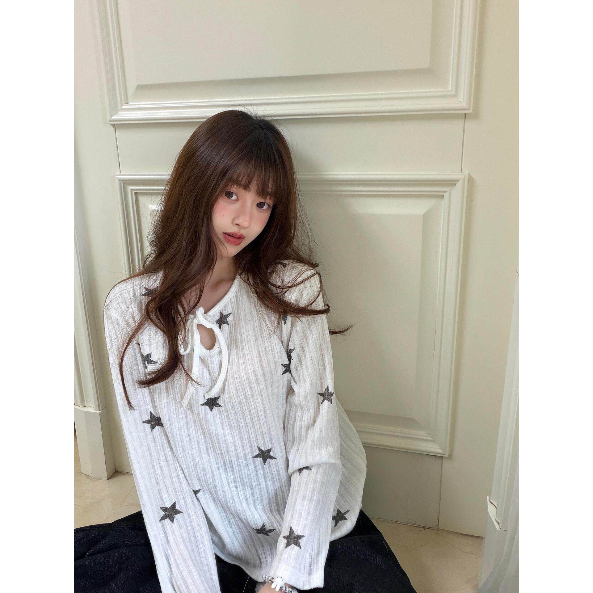 星星印花系带宽松防晒罩衫女长袖夏季新款韩系休闲风显瘦T恤上衣