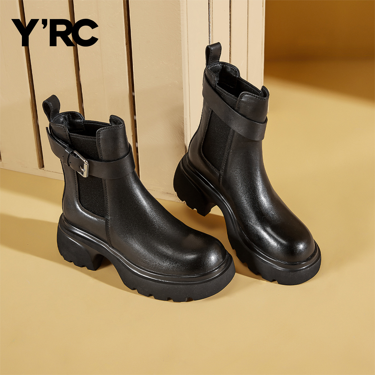 YRC厚底切尔西靴女冬季新款圆头套筒女靴英伦皮带扣真皮短靴 - 图2