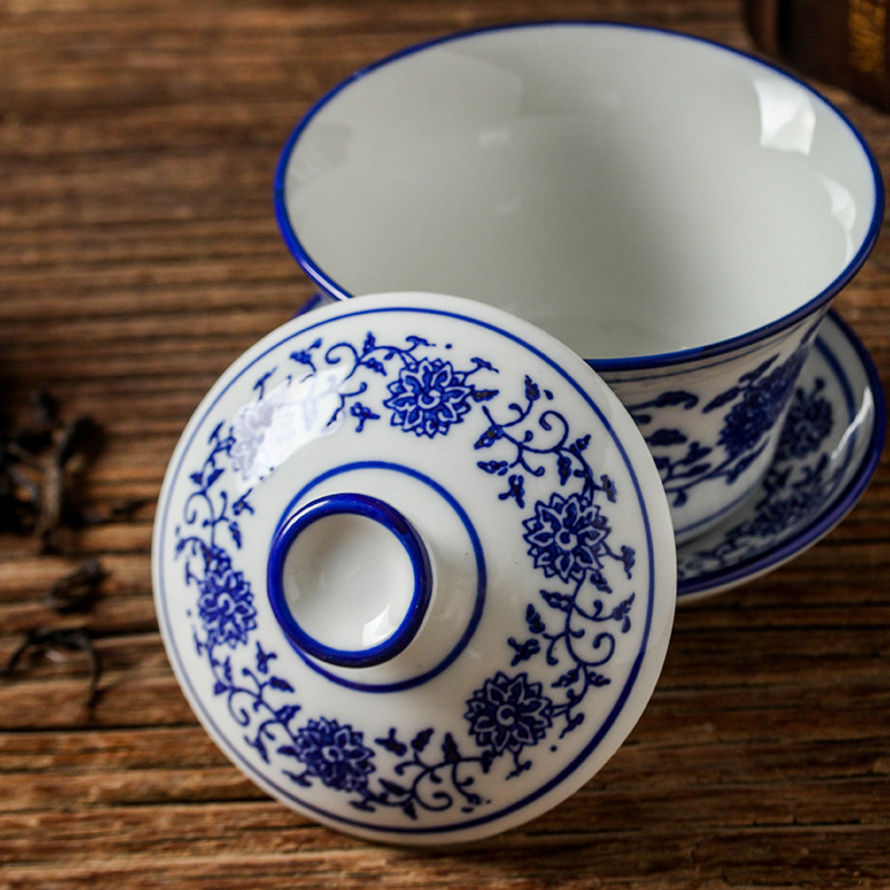 盖碗茶杯茶碗特大号茶具青花瓷复古泡茶碗套装陶瓷功夫三才碗单个