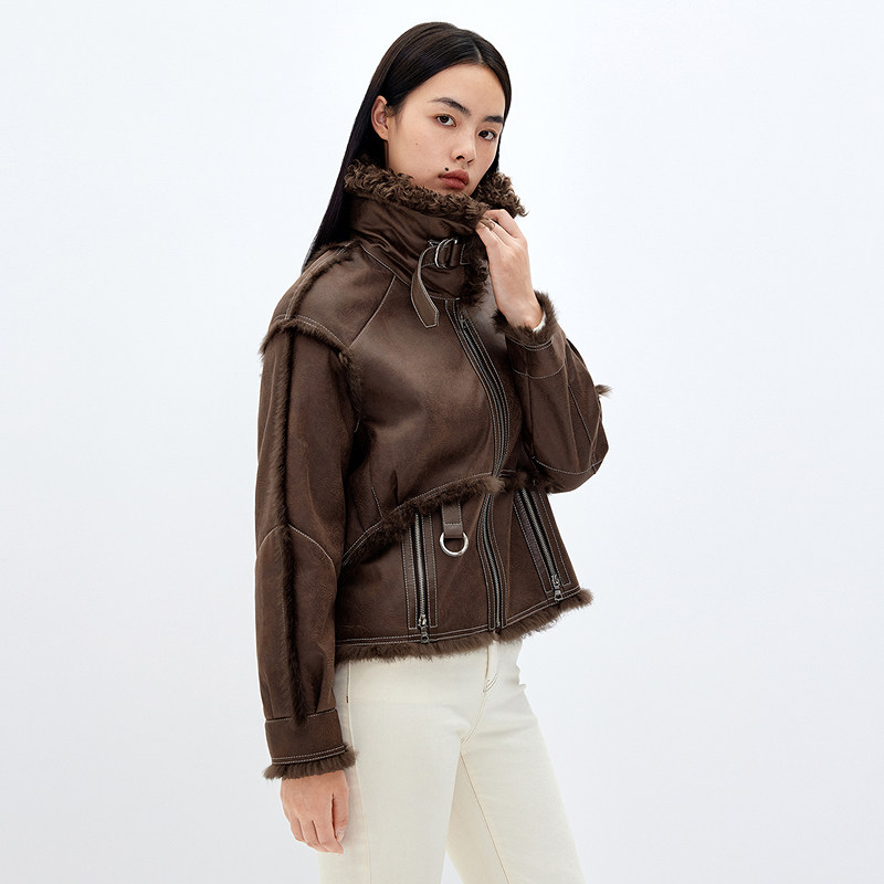 XII BASKET十二篮商场同款冬款宽松休闲中长款皮毛一体短外套女,淘宝优惠券,粉丝福利购,淘宝优惠卷