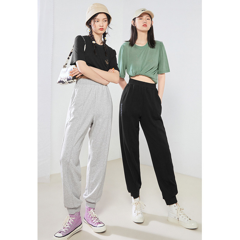 太平鸟高腰2021年秋季新款灰色卫裤 太平鸟广仁休闲裤