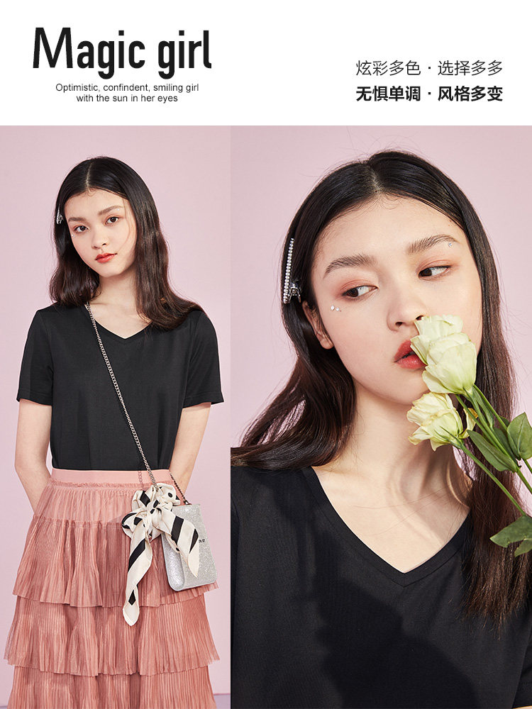 太平鸟白色女短袖夏2022新款v领t恤 太平鸟广仁T恤