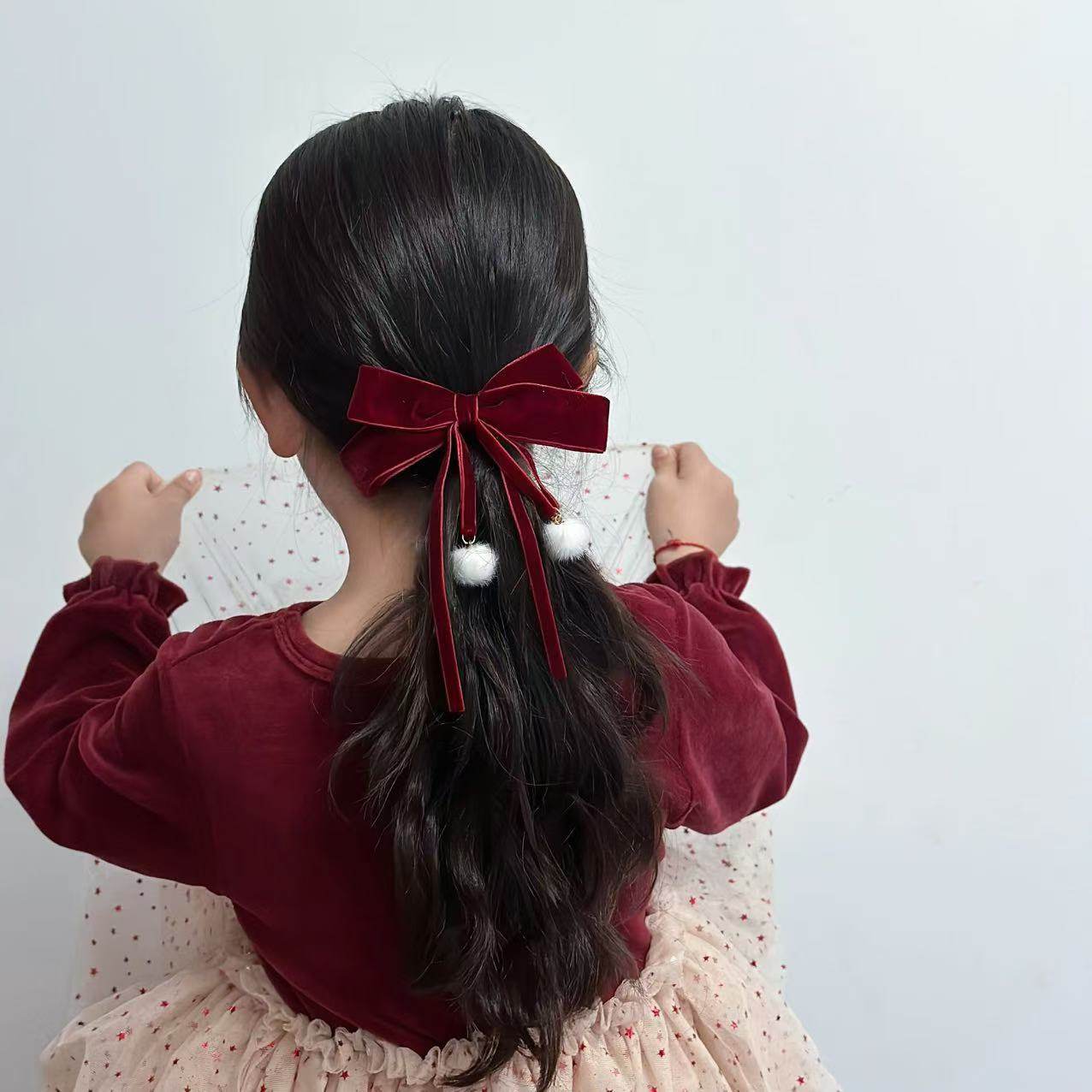 酒红丝绒毛球蝴蝶结儿童发夹新年喜庆可爱汉服国风发圈发卡皮筋,淘宝优惠券,粉丝福利购,淘宝优惠卷