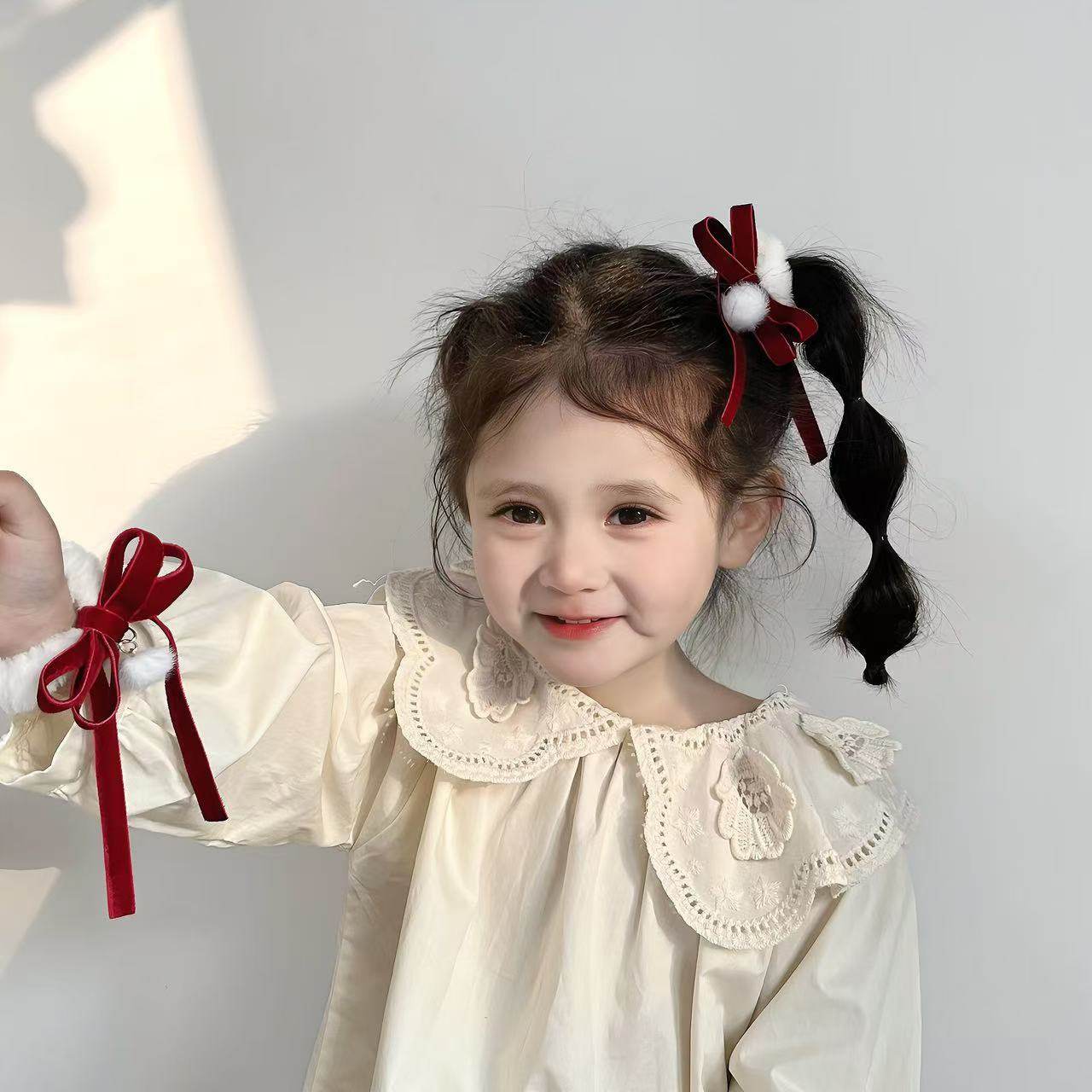 酒红丝绒毛球蝴蝶结儿童发夹新年喜庆可爱汉服国风发圈发卡皮筋,淘宝优惠券,粉丝福利购,淘宝优惠卷