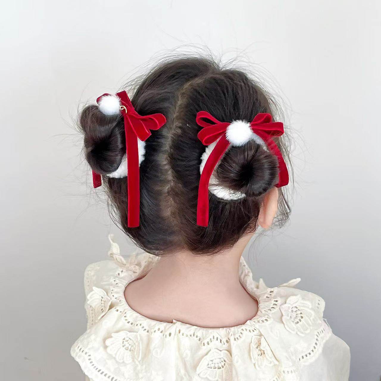 酒红丝绒毛球蝴蝶结儿童发夹新年喜庆可爱汉服国风发圈发卡皮筋,淘宝优惠券,粉丝福利购,淘宝优惠卷