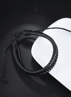 可调节人造水晶黑色珠子编织皮绳