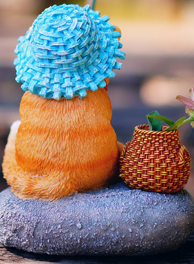 小猫钓鱼田园树脂流水摆件