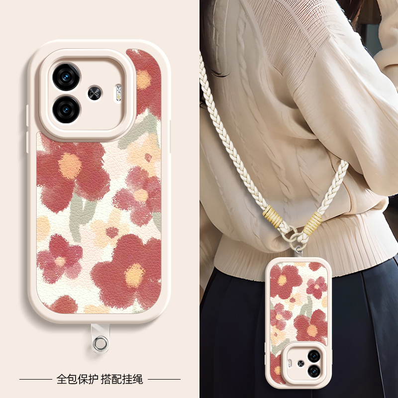 红色小花适用iqooz10turbo手机壳vivoiqooz9turbo+小羊皮iqoo z8/z8x/z7/z7i/z6/z5/z5x新款iqoou3/u1挂绳 - 图2