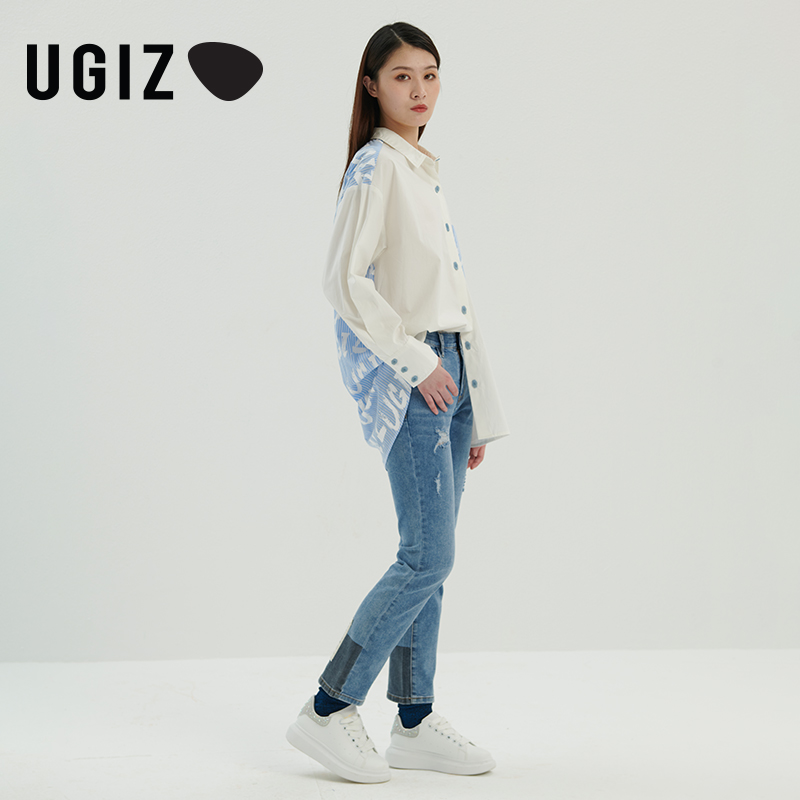 UGIZ商场同款2022春季新品韩版女装宽松文字印花衬衫女UASF902 - 图1