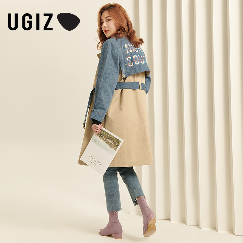 UGIZ秋季新品韩版女装休闲牛仔拼接中长款风衣外套女UCHE503