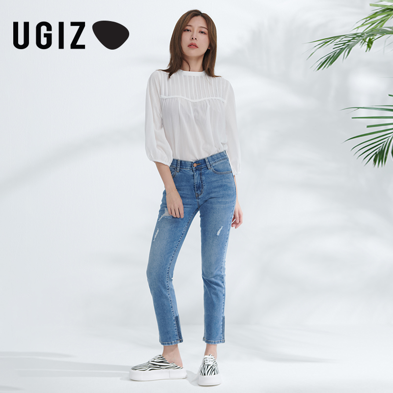 UGIZ商场同款2022夏季新品韩版女装纯色泡泡袖雪纺衬衫女UBSF921-图2