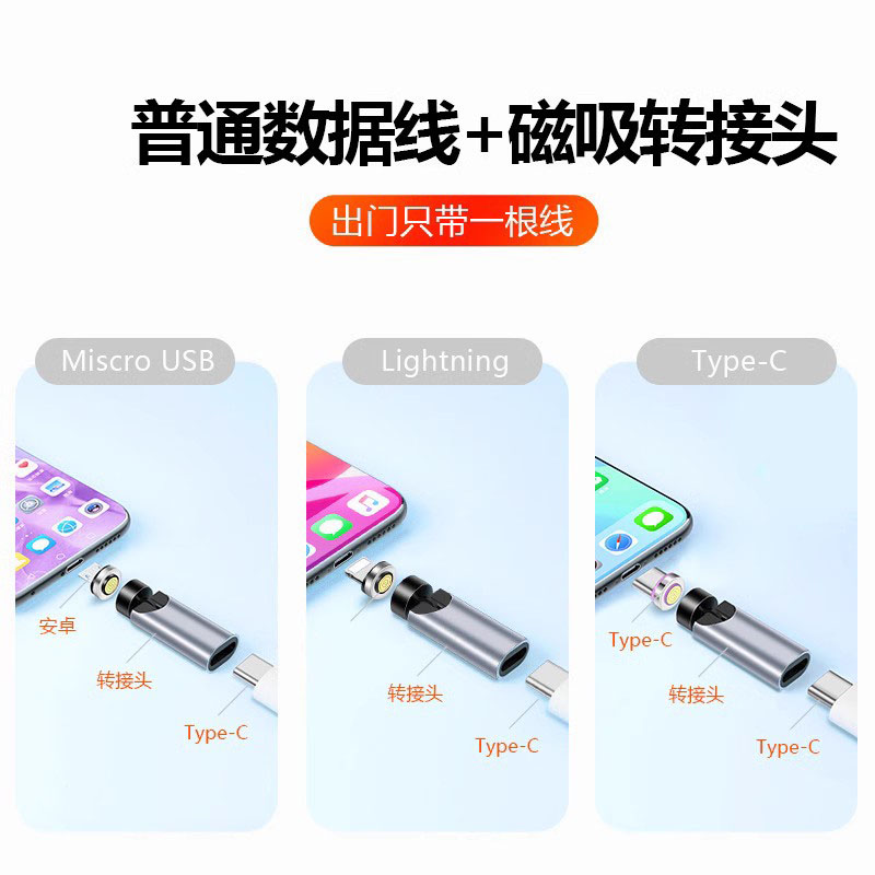 Type-C磁吸三合一转接头适用microUSB电脑笔记本手机lightning三头通用40W超级快充 540度磁吸转换器 - 图3