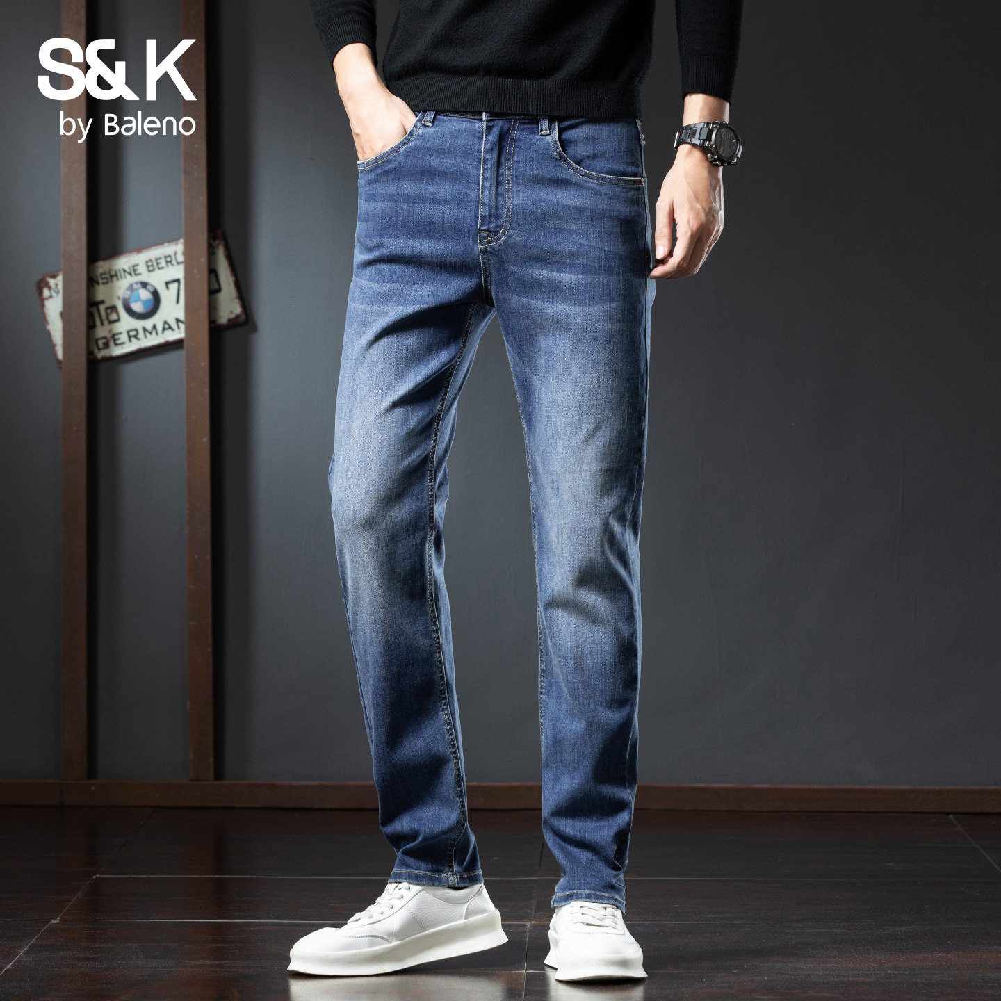 班尼路SK加绒牛仔裤男士秋冬季厚款百搭时尚修身潮流直筒长裤子YS,淘宝优惠券,粉丝福利购,淘宝优惠卷