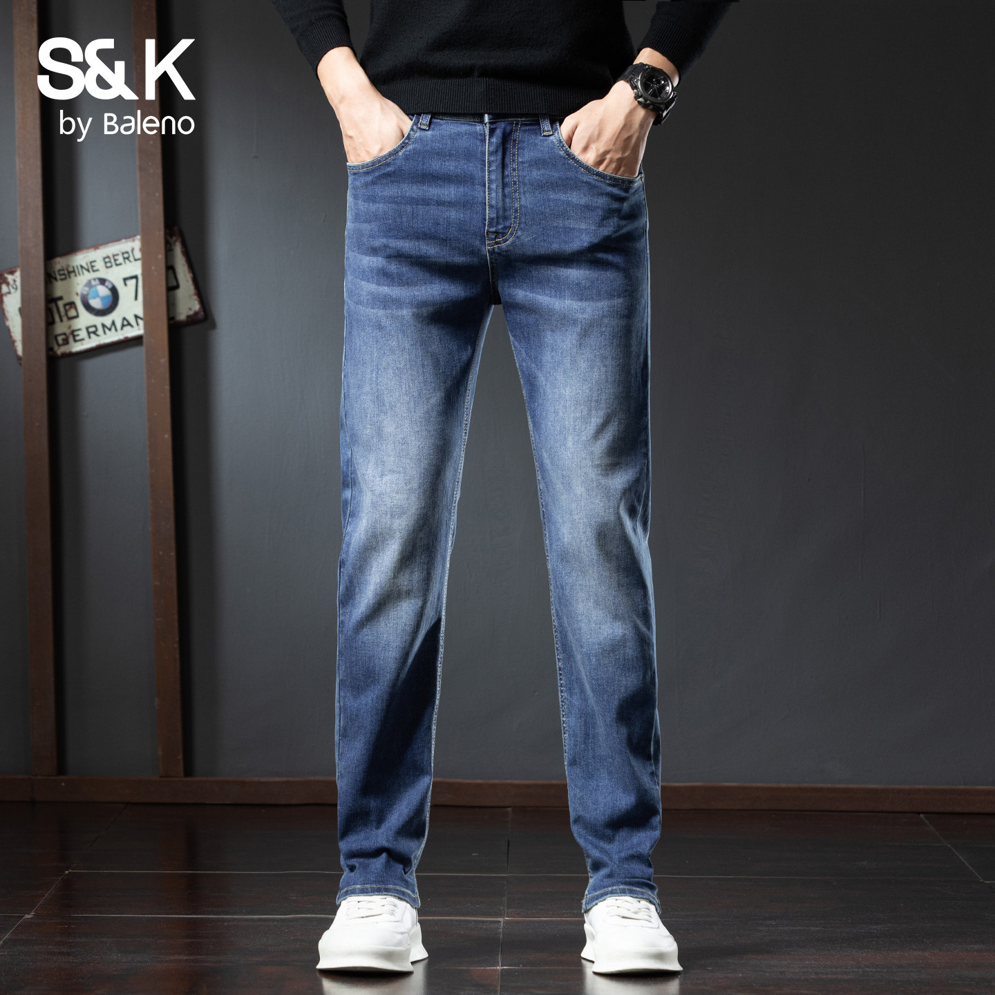 班尼路SK加绒牛仔裤男士秋冬季厚款百搭时尚修身潮流直筒长裤子YS,淘宝优惠券,粉丝福利购,淘宝优惠卷