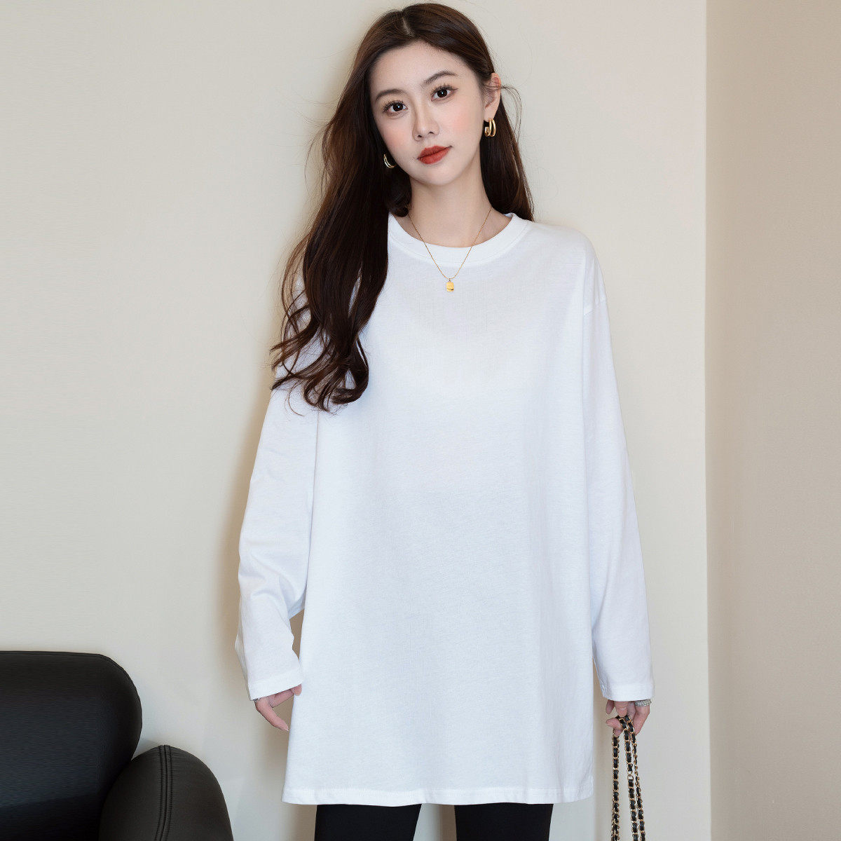 班尼路白色打底衫女2025新款长袖t恤中长款遮屁股内搭纯棉上衣J,淘宝优惠券,粉丝福利购,淘宝优惠卷