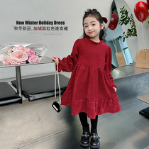Girls autumn winter one-piece dress 2023 new gush winter dress State of the country Wind Children red princess dress girl Baiyenu