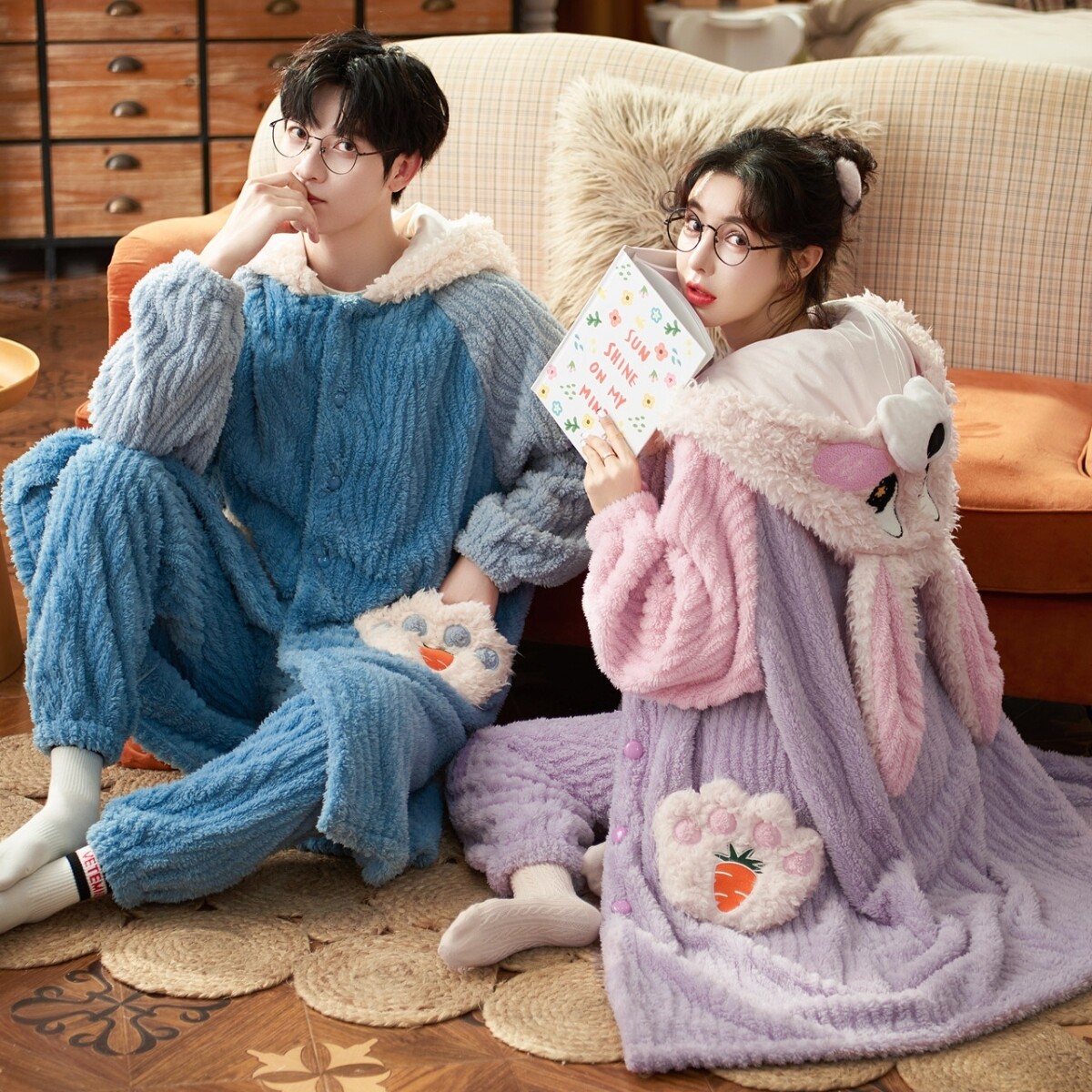 情侣秋冬季珊瑚绒男士可外穿睡袍 恩彩睡衣/家居服套装