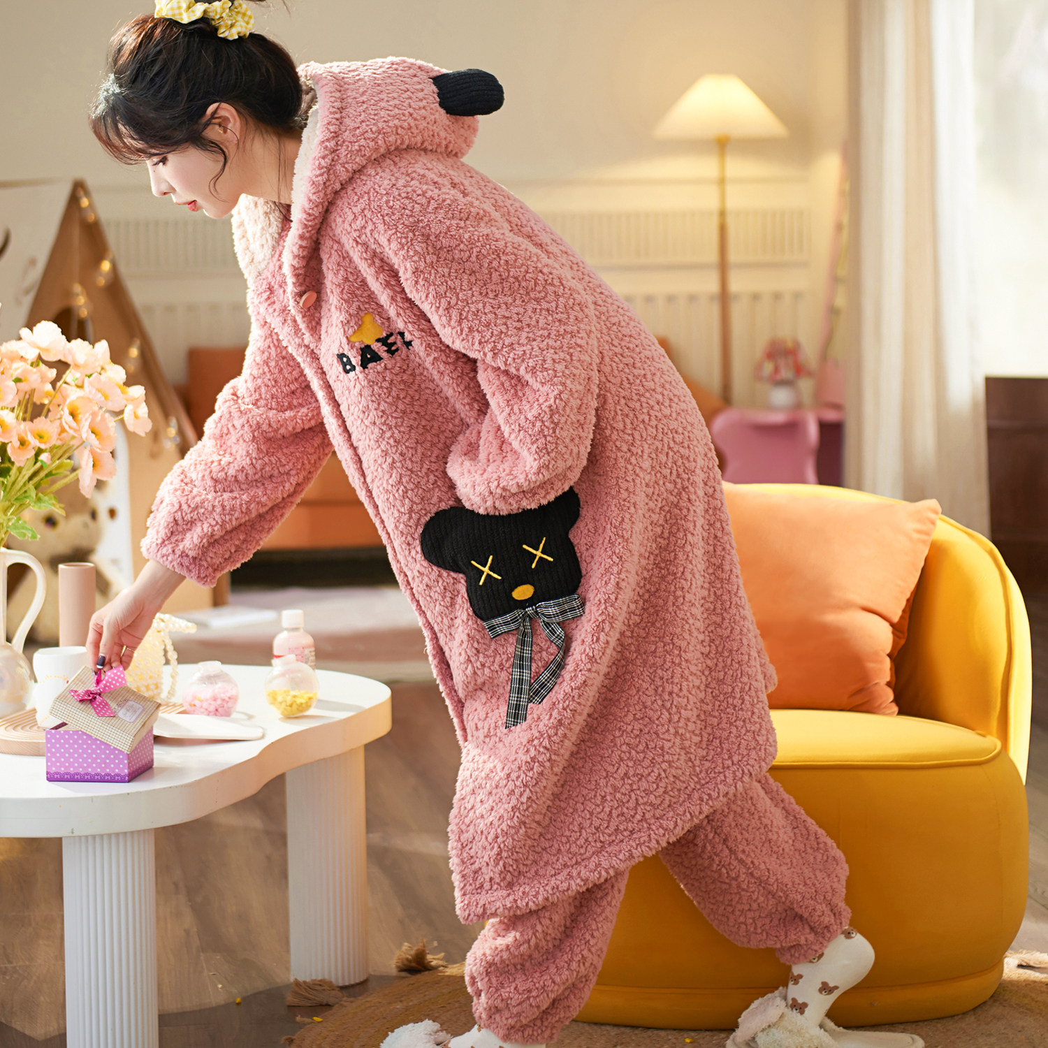 秋冬季珊瑚绒可爱可外穿睡裤睡袍 恩彩睡衣/家居服套装