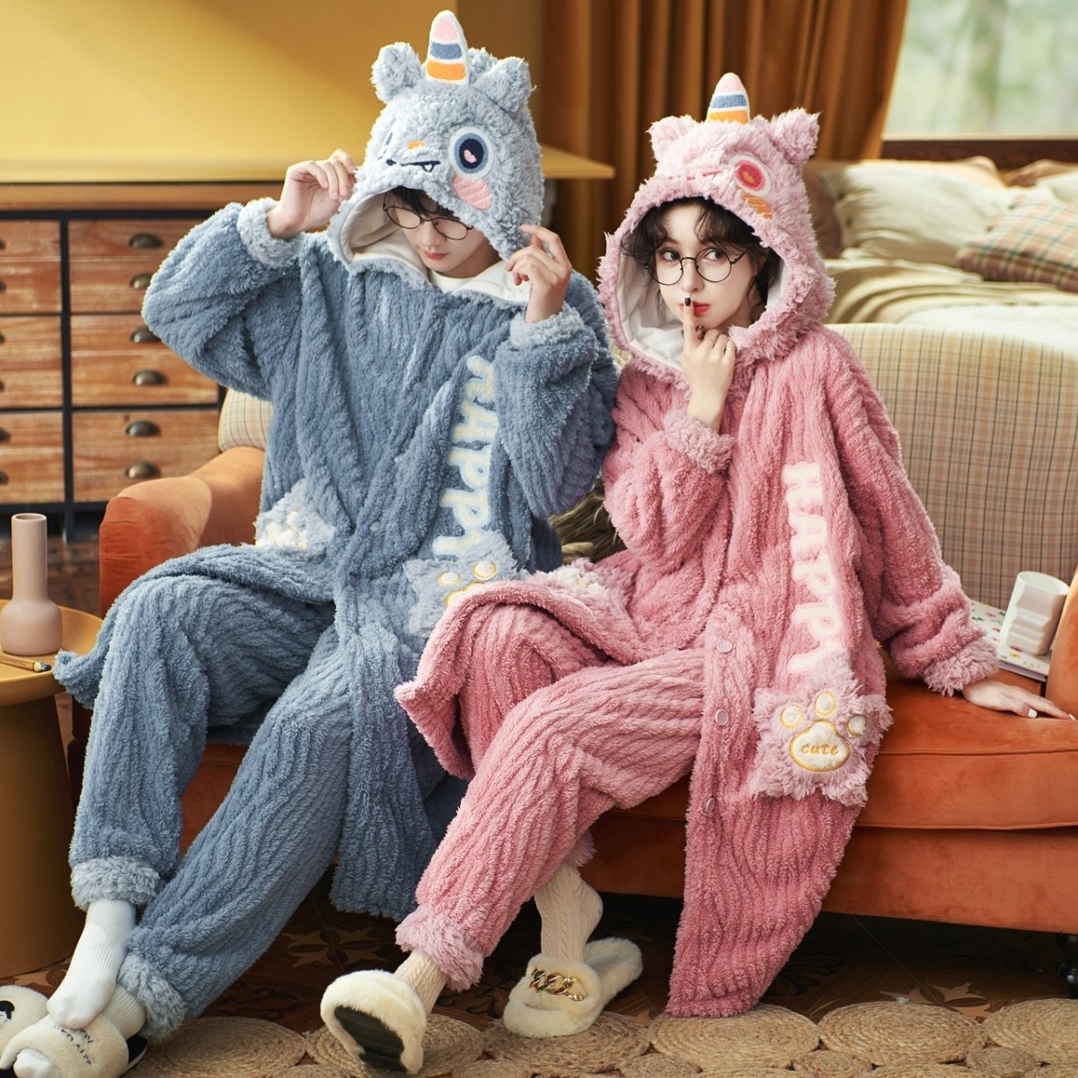 情侣秋冬季珊瑚绒男士可外穿睡袍 恩彩睡衣/家居服套装