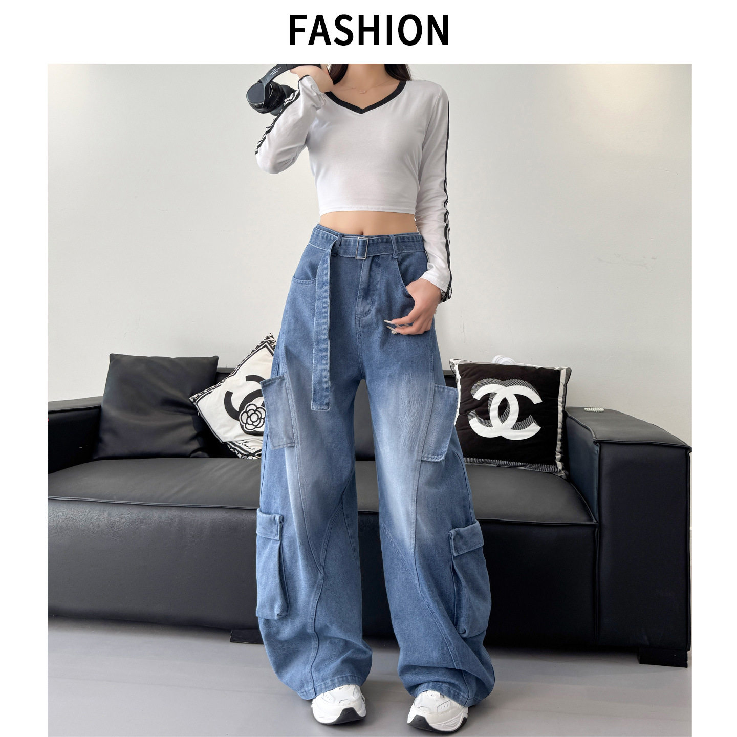 弯刀牛仔裤女新款秋冬加厚高腰显瘦宽松阔腿裤美式复古工装裤,淘宝优惠券,粉丝福利购,淘宝优惠卷