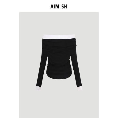 【新品】AIM SH 女士一字肩堆堆收腰显瘦混纺秋季长袖T恤 - 图1