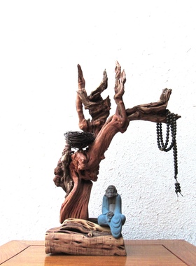 金丝红柳风化木随形根艺搭配绿檀珠串摆件自然禅意创意家居收藏品