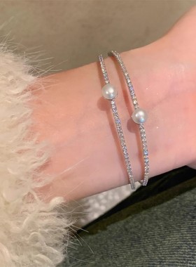 韩国精致爆闪双层开口手镯女小众轻奢时尚闺蜜手环镶钻珍珠细手饰