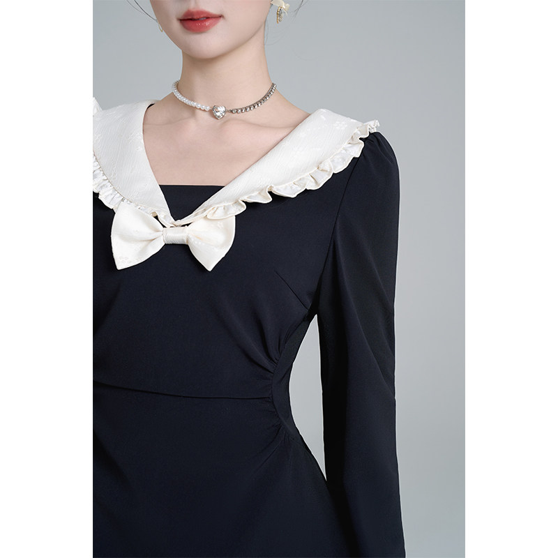 法式黑色娃娃领收腰长袖连衣裙女秋冬气质收腰假两件蓬蓬少女短裙 - 图0