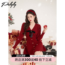 Lazy Wind V Collar Sweater Dress Dress Woman Little Red Dress Winter New Style Knit Bottom Long Sleeve Christmas Dresses