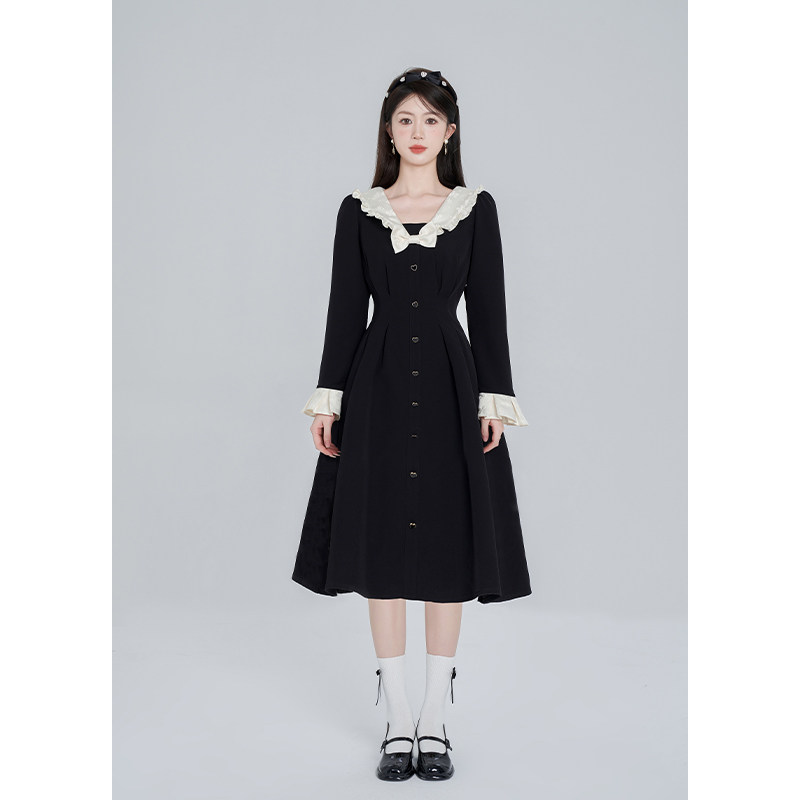 娃娃领甜美收腰黑色长袖连衣裙女秋季2025新款巨好看赫本风a字裙