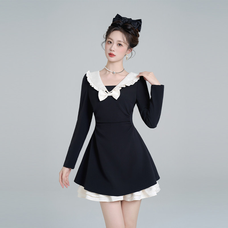 法式黑色娃娃领收腰长袖连衣裙女秋冬气质收腰假两件蓬蓬少女短裙 - 图2