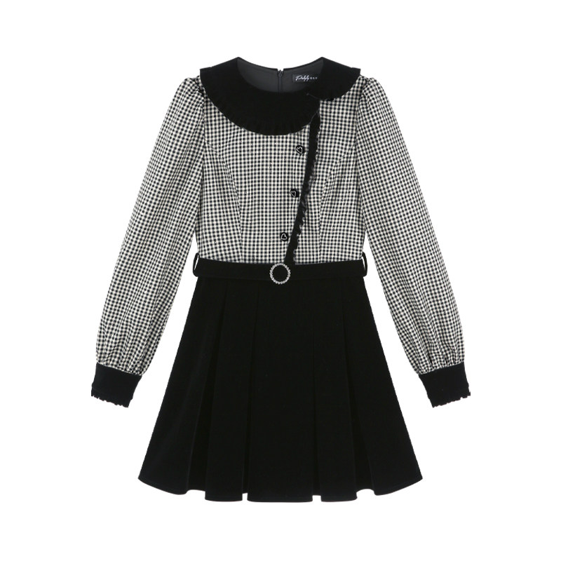 法式拼接格子假两件丝绒连衣裙女秋冬小香风气质绝美打底a字裙子