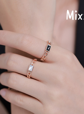 靡诗925纯银黑白调系列黑玛瑙白贝母定格链条开口戒