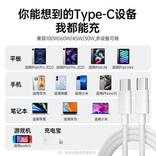 能适双头type-c数据线ctoc口适用苹果iPhone15ipad转pro双pd快充tpyec华为tpc手机车载充电线两头笔记本电脑