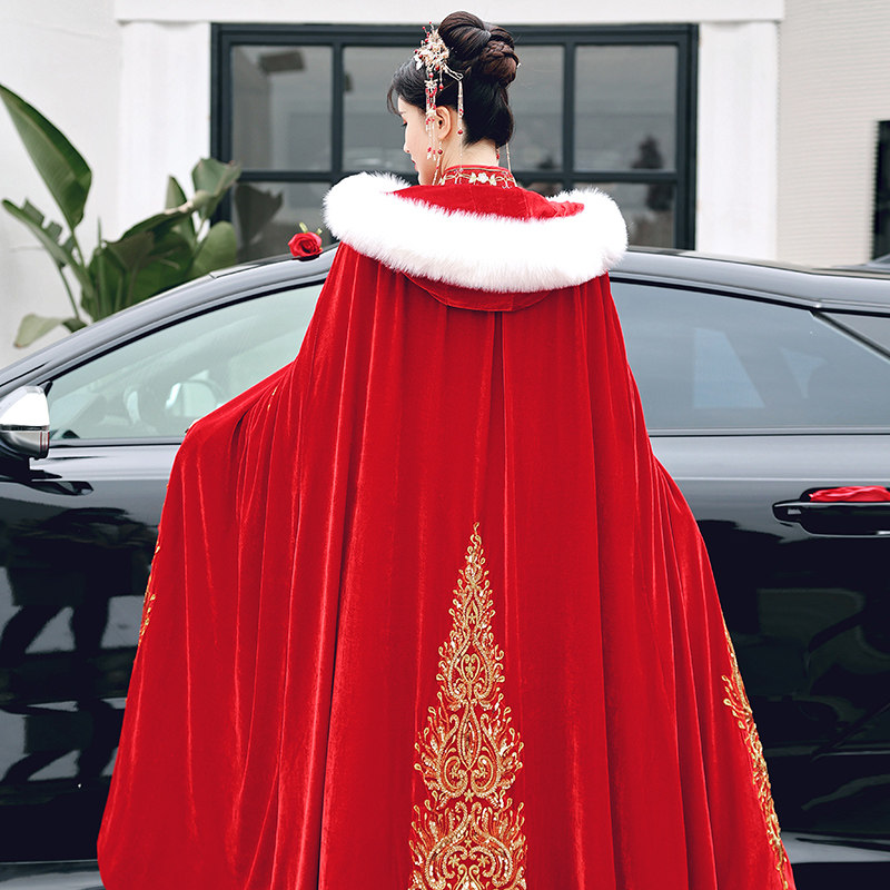 秀禾服披风外套冬红色长款结婚加绒 美伦姿秀风衣