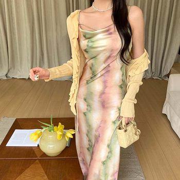 McNoy Elegant 2024 Spring and Summer New Korean Style High Waist Sling Dress Sleeveless Oil Painting Print Pure Desire Skirt